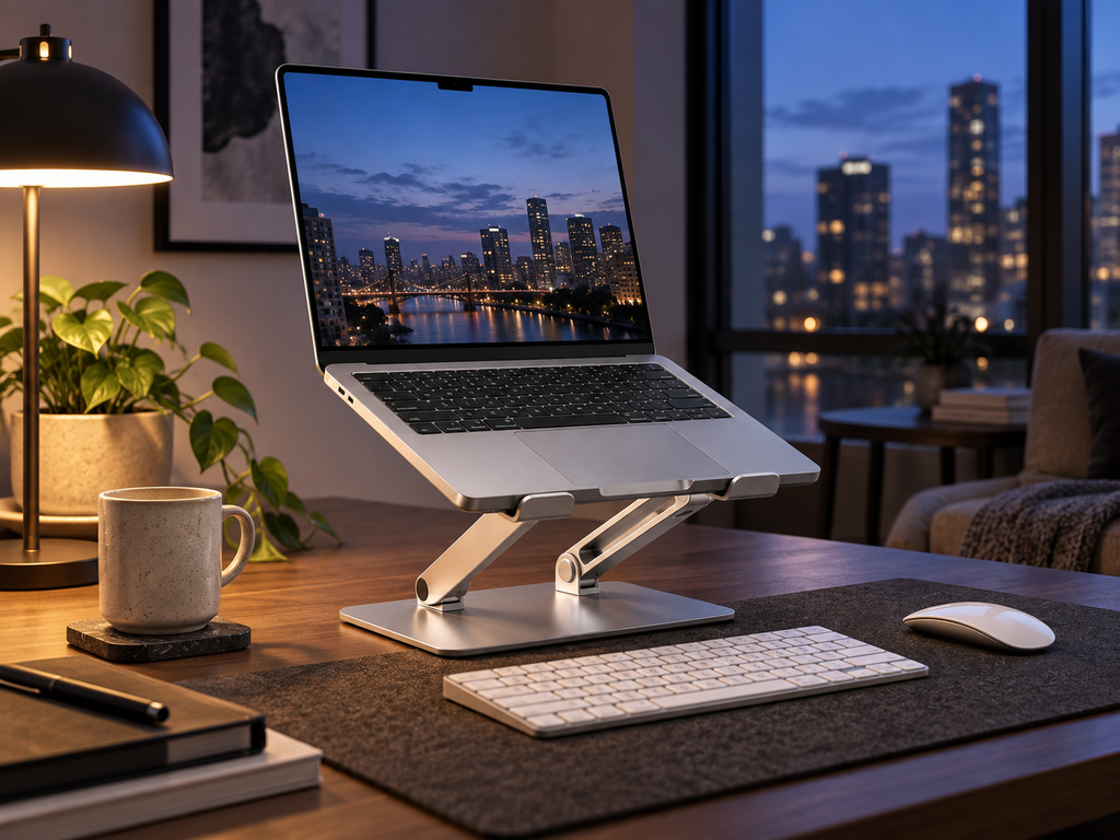 Silver adjustable laptop stand in an evening home office with keyboard and mouse