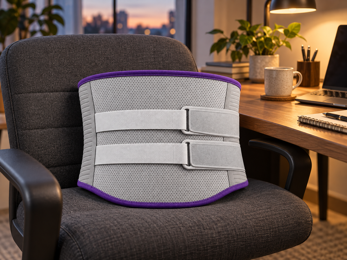 Gray waist support belt with purple trim displayed on an office chair at dusk