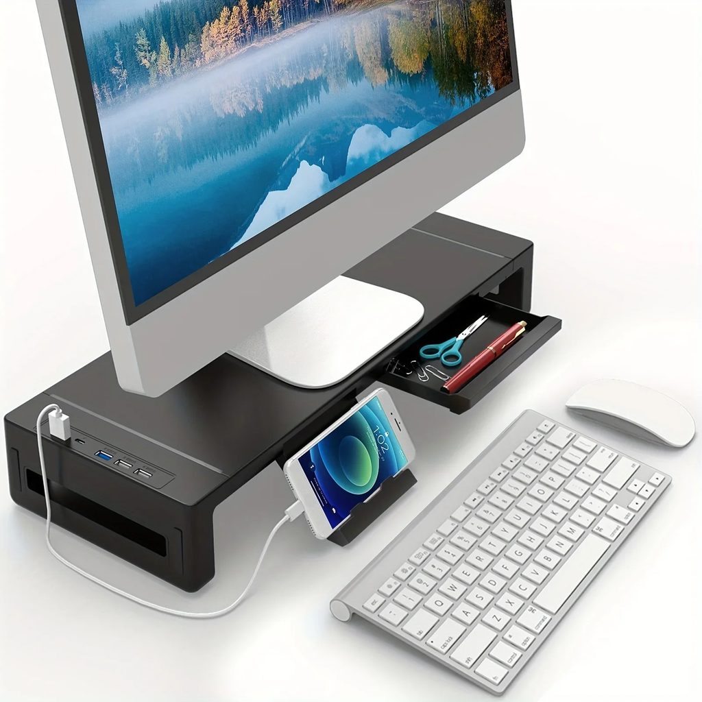 Adjustable monitor riser with drawer for a cleaner desk setup