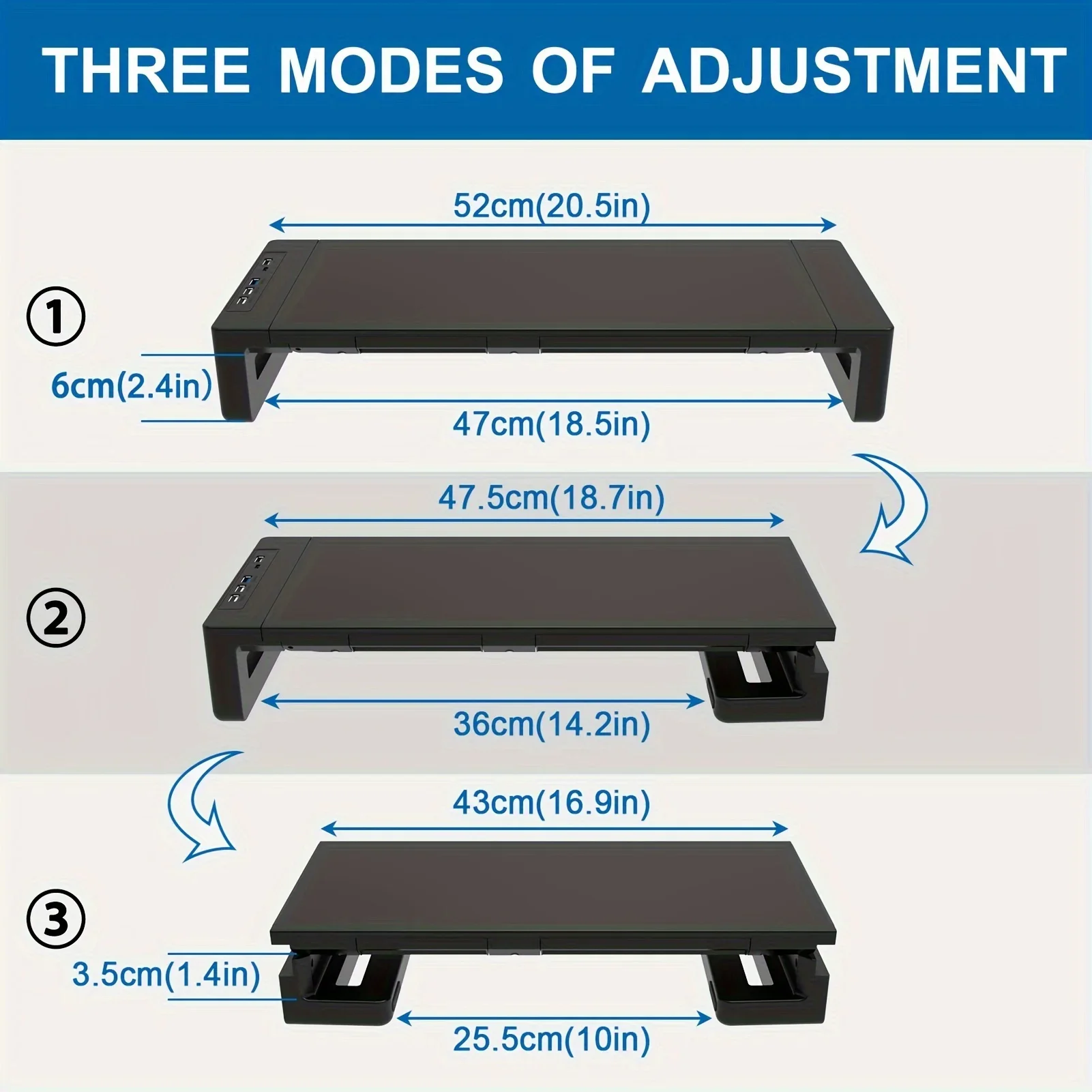 Adjustable monitor riser height modes and desktop storage