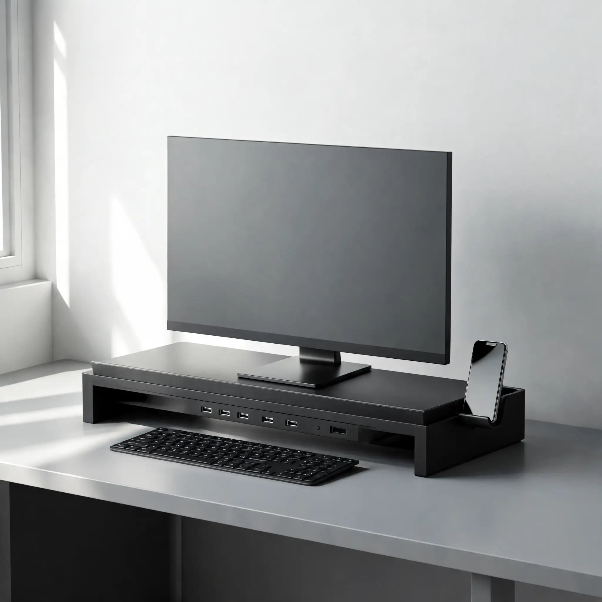 ArcosGear adjustable monitor riser with storage for a clean desk, side view
