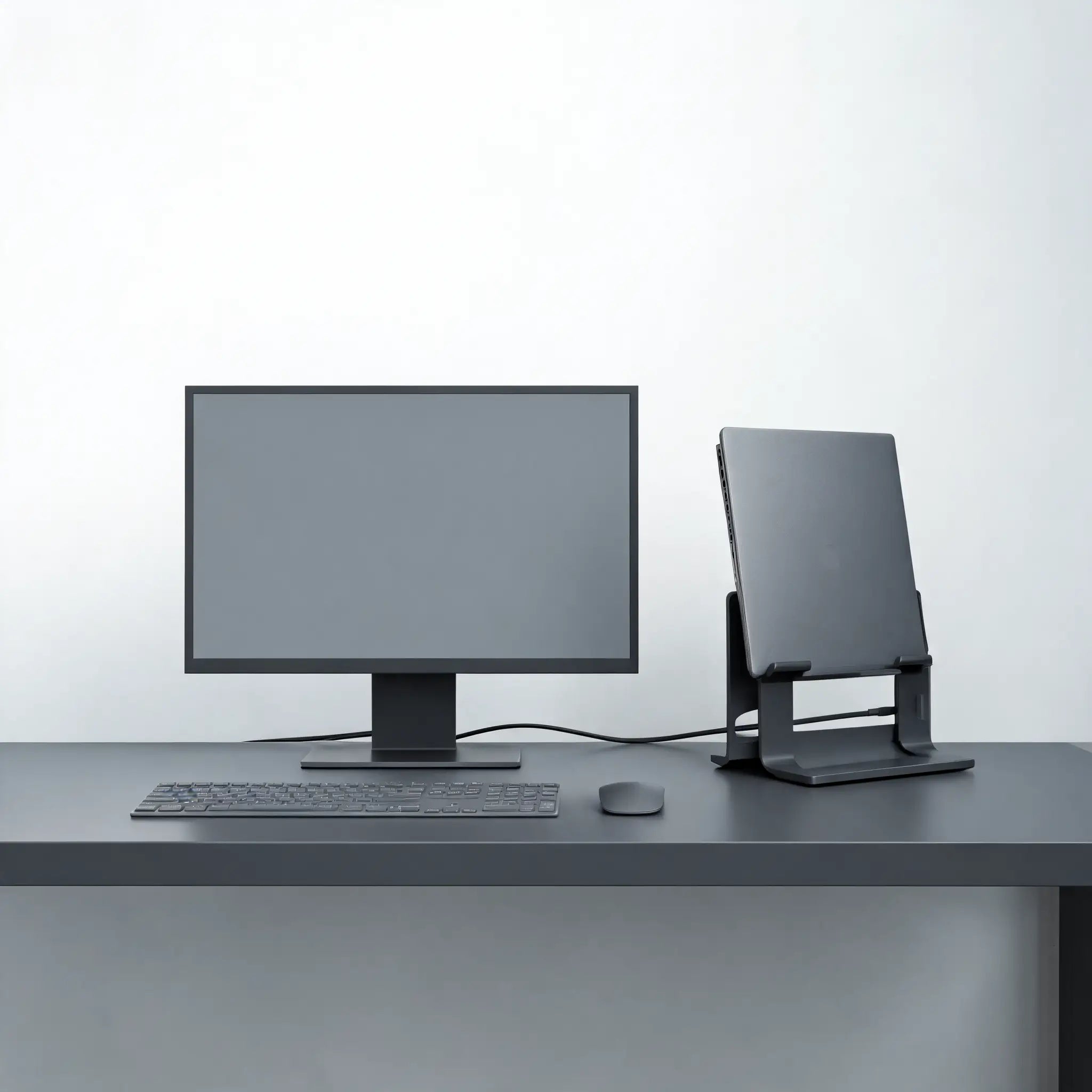 ArcosGear vertical laptop stand for a compact desk setup, side view